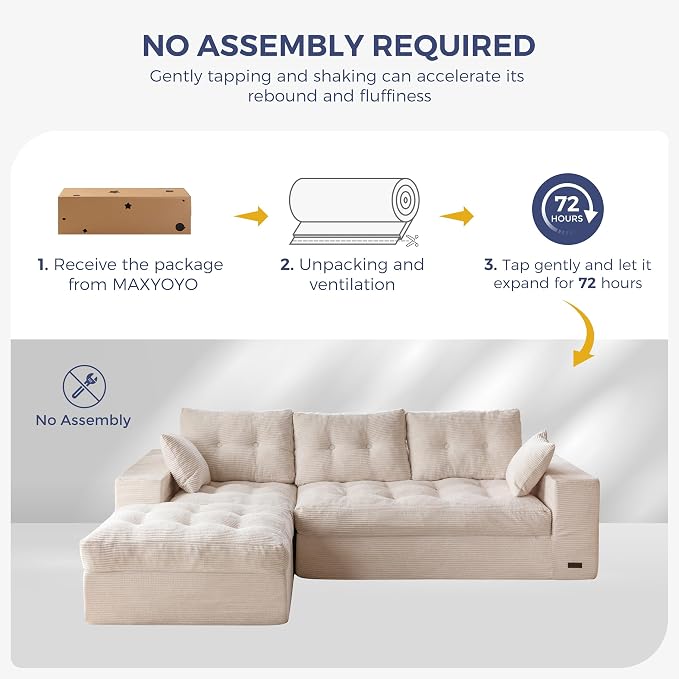 MAXYOYO 96" L Shaped Modular Sectional Sofa with Ottoman, Cloud Boneless Couch with Layered Cushion, Upholstered Sofa in a Box, Flexible Module Combination for Living Room, No Assembly, Beige