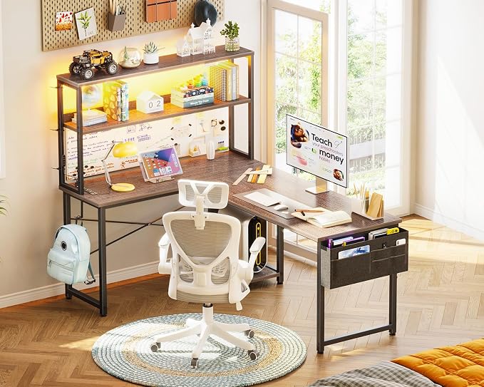 AODK L Shaped Desk Gaming Desk with LED Light & Power Outlet, 53 Inch Reversible L Shaped Computer Table with Shelf & Storage Bag & Hook for Home Office, Grey Oak
