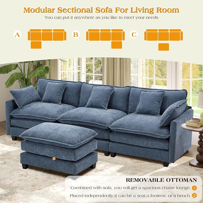 113.4" Modular Sectional Sofa,Cloud Couch for Living Room, Modern Deep Seat Sofa 3 Seater Chenille Fabric Comfy Couches with Throw Pillows & Ottoman for Apartment