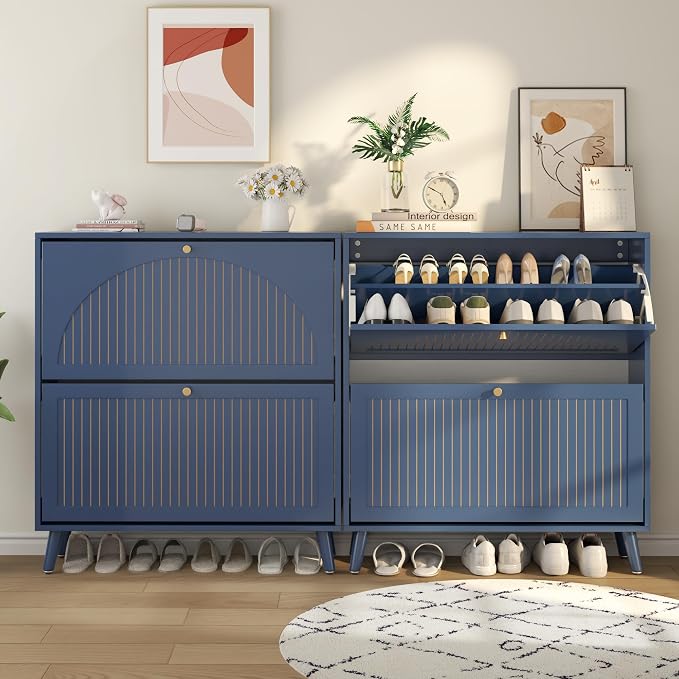 Fsbecl Shoe Storage Cabinet for Entryway with 2 Flip Drawers, Narrow Wood Shoe Cabinet with Fluted Panel, Freestanding Hidden Shoe Organizer for Foyer, Hallway (Blue - with Shelf)