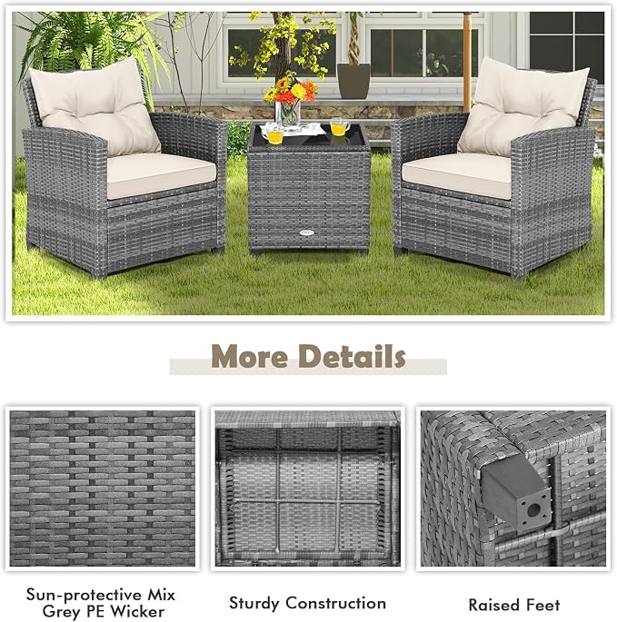 COSTWAY 3PCS Patio Furniture Set, PE Rattan Wicker Sofa w/Washable Cushion and Coffee Table, Tempered Glass Tabletop, Outdoor Conversation Set for Balcony, Porch, Yard, Backyard, Lawn (White)