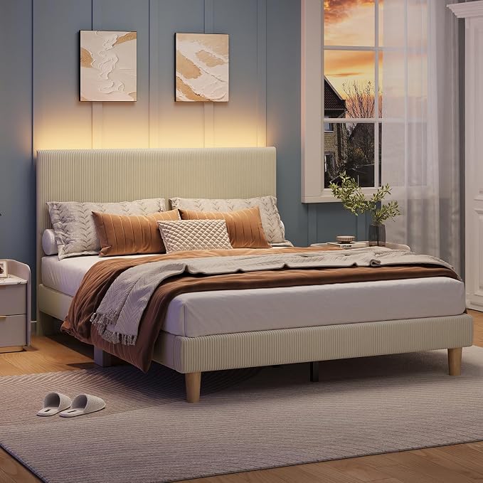 Bestier Queen Size Bed Frame with Headboard LED Lighting,Upholstered,Taupe | Easy Assembly,LED Light Headboard,No Squeaks,Vertical Channel Corduroy Upholstered,Wood Slats Support,No Box Spring Needed