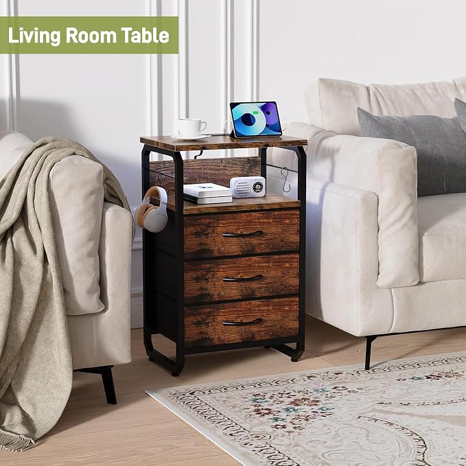 runjuly Night Stand Set 2, Nightstand with LED Lights and Fabric Drawers, Matching End Tables with Charging Station USB C Port, Bedside Tables with Hooks for Bedroom, Rustic Brown