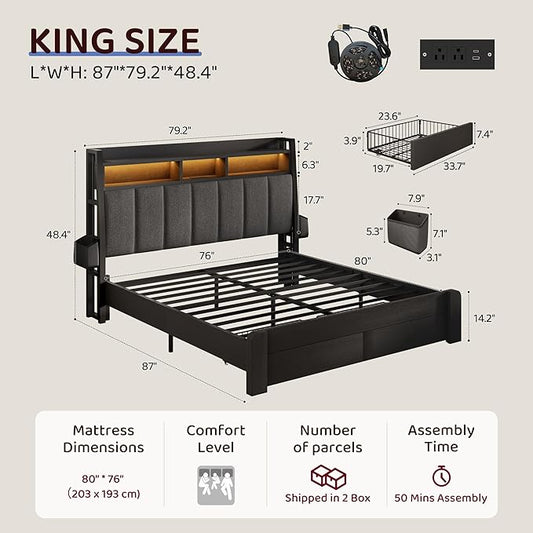BRELTAM King Bed Frame with upholstered Headboard & Storage Drawers Metal Platform Bed Frames King Size with LED Lights Built in Charging Station,No Box Spring Needed,No Noise,Easy Assembly,Black