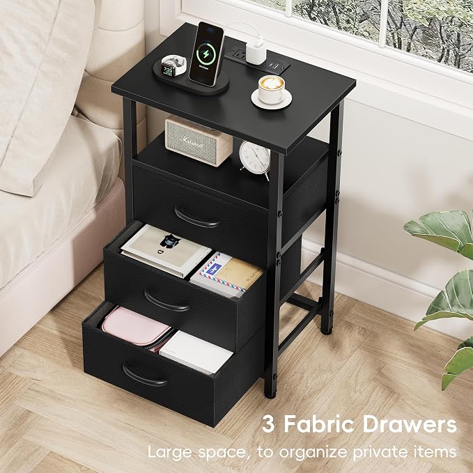 Vagusicc Night Stand with Charging Station, LED Nightstand for Bedroom, Bedside Table with 3 Fabric Drawers, End Table Side Table with USB Ports and Outlets, Bed Side Table for Bedroom, Black