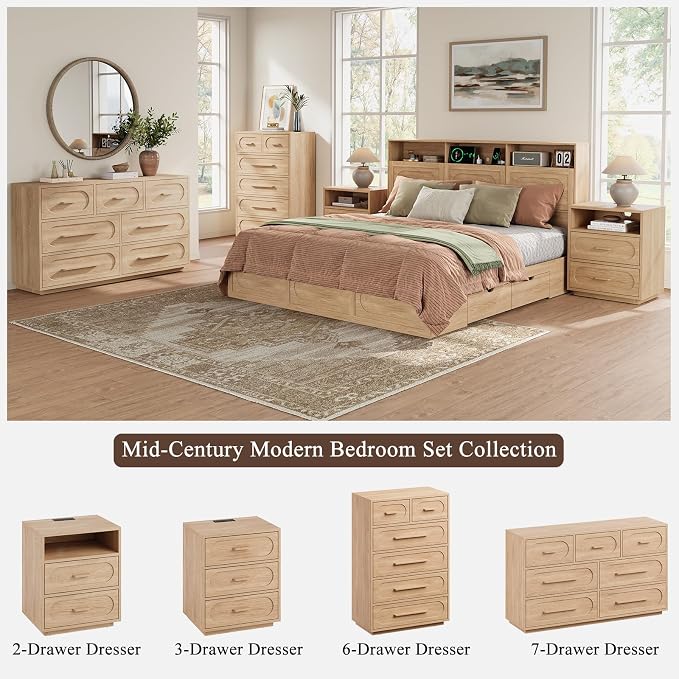 6 Drawer Dresser for Bedroom, 44" Tall Modern Chest of Drawers with Solid Wood Handle, Large Wood Storage Dresser Organizer for Bedroom, Living Room, Natural Oak