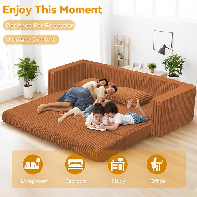 HABUTWAY 78" Loveseat Boneless Couch, 4-in-1 Convertible Sofa Bed, Plush Fur Folding Futon Sofa Bed Couches with 2 Pillows for Living Room, High-Density Foam Support, No Assembly Required, Orange