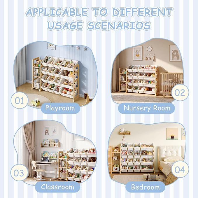 EXPERLAM Toy Storage Organizer, Toy Storage Shelf with 3 Shelves and 16 Storage Bins (12 Small + 4 Large), 3-in-1 Kids Bookshelf for Kids Rooms, Playroom, Nursery, White