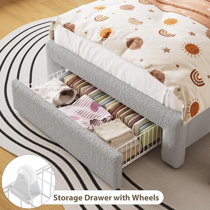 GarveeHome Led Twin Bed Frame for Kids with Drawer, Upholstered Sturdy Platform Bed with Storage Headboard and Charging Station, Noise Free, Easy Assemble, for Girls/Boys, Grey