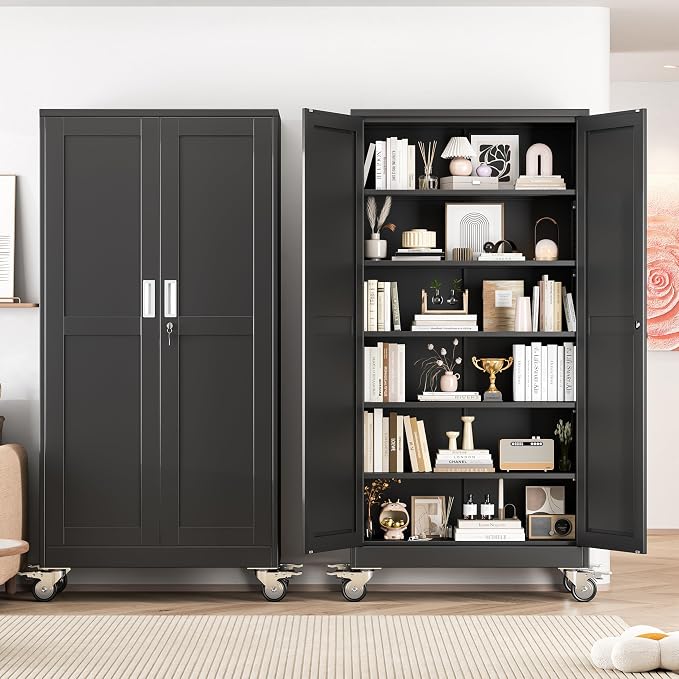 Metal Garage Storage Cabinet, 74”Tall Rolling Utility Cabinet Black | storage system with Wheels, Lock, 5 Adjustable Shelves, Heavy Duty Steel Tool Locker for Home Office, Utility Room, Gym