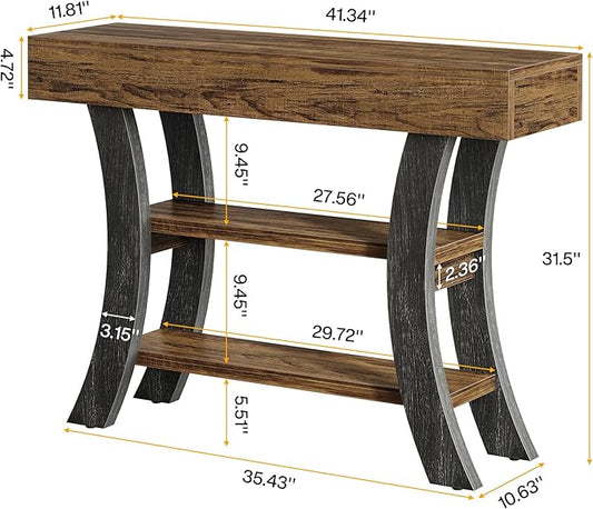 Tribesigns 41" Small Console Table for Entryway, 3-Tier Narrow Rustic Sofa Table with Storage Shelves and Curved Frame for Living Room, Entry, Hallway, Foyer (Brown & Grey)