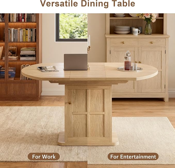 iPormis Round Dining Table for 4-6, 59'' Extendable Dining Room Kitchen Table with 2-Tier Storage Shelf, Wood Dinner Table with Door & Pedestal Base, for Kitchen Living Room, Space Saving, Natural