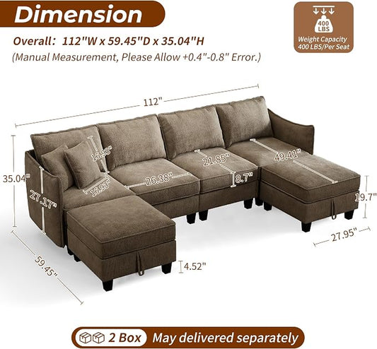 WorthFurni 112" Modular Sectional Sofa U Shape Couches with Storage Ottoman and Washable Cushion Cover for Living Room, Bedroom, Apartment(Brown)