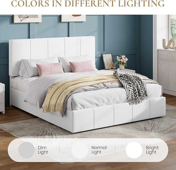 SHA CERLIN Queen Bed Frame, Velvet Upholstered Platform Bed Frame, Vertical Channel Tufted Adjustable Headboard, Low Profile Bed Frame, No Box Spring Needed, Easy Assembly, White