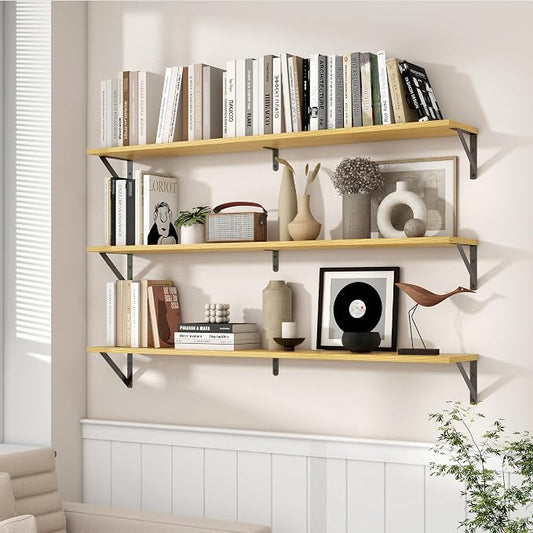 Axeman 48'' x 8'' Oak Floating Shelves for Wall with Brackets Set of 2 | 48 Inch Oak Book Shelf for Living Room Bedroom, Includes Mounting Hardware, Holds up to 45Lbs