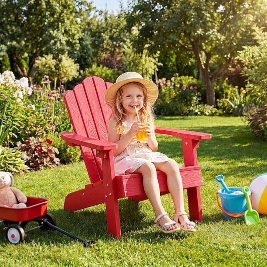 Costzon Kids Adirondack Chair, All-Weather HIPS Toddler Outdoor Chair, Wooden Textured Plastic Fire Pit Chair, Kids Patio Chair for Backyard Lawn Garden, Fits Children Age 3-7 Years (1, Red)