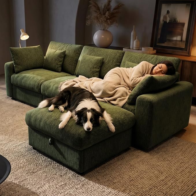 Ihanherry Cloud Sectional Couches for Living Room, 110" Large Modular Sectional Sofa with Wide Deep Seat, L Shaped Couch with Throw Pillow and Storage Ottoman, Green