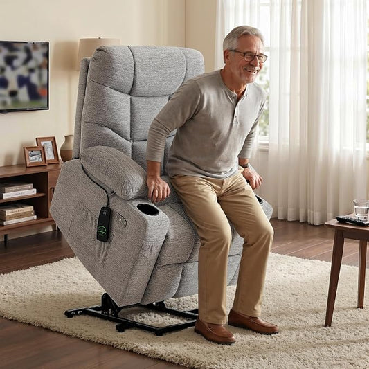 MCombo Power Lift Recliner Chair with Extended Footrest for Elderly People, Fabric 7287 (Light Grey, Medium)