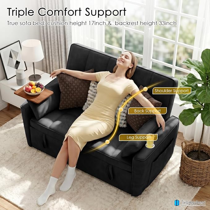 54'' Sleeper Sofa Bed, Convertible Pull Out Couch Futon for for Living Room,Apartment (Black) Side Desk, USB Ports, Cup Hold, Velvet Fabric, Adjustable Backrest, Easy Assembly