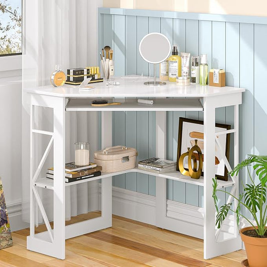 VECELO Corner Desk, Triangle Computer Desk for Small Space with Charging Station and Keyboard Tray, Corner Makeup Table with Storage Shelves for Home Office Bedroom, 41x30, White