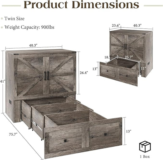 LUXOAK Twin Murphy Bed with Built-in Charging Station and Storage Drawer, Farmhouse Foldable Cabinet Bed for Guest Room, Apartment or Home Office, Rustic Grey