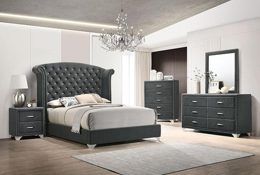 Coaster Home Furnishings Melody Modern Classic 5-Piece Bedroom Set Velvet Upholstered Queen Size Wingback Bed Frame 66-inch Headboard Grey 223381Q-S5