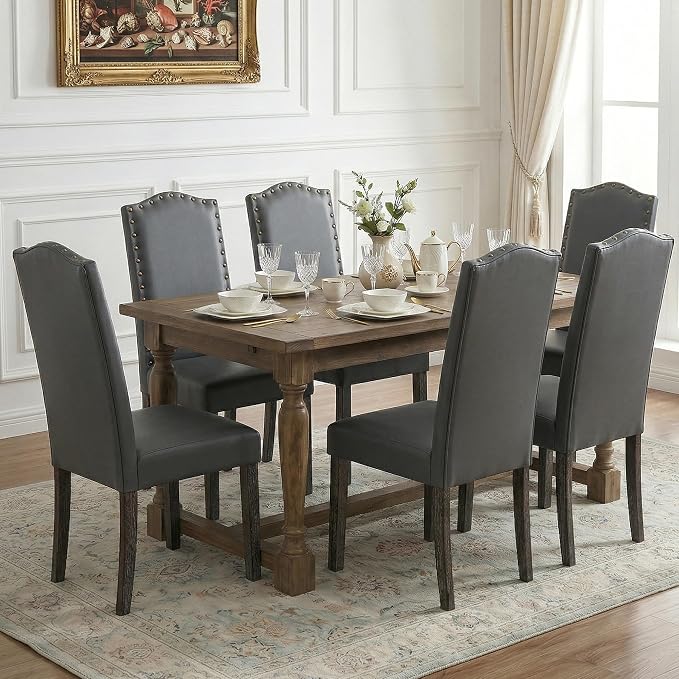 LSSBOUGHT Dining Chair Upholstered Parsons Kitchen Chair with Copper Nails and Solid Wood Legs for Dining Room,Restaurant (Gray, 4PCS)