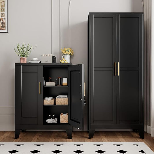 GAIOUS Black Metal File Cabinet with Lock(Two Units), Steel Storage Cabient | with 2 Doors and 2 Adjustable Shelves, Multifunctional Locked Cabinet for Home/Office/Garage/Tool Room, Accent Furniture