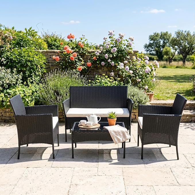 FDW | 4-Piece Patio Furniture Set | Black | Outdoor Wicker Furniture with Coffee Table | Modern Rattan Chairs Conversation Set | Outdoor Seating | Weather-Resistant | for Porch, Garden, Lawn
