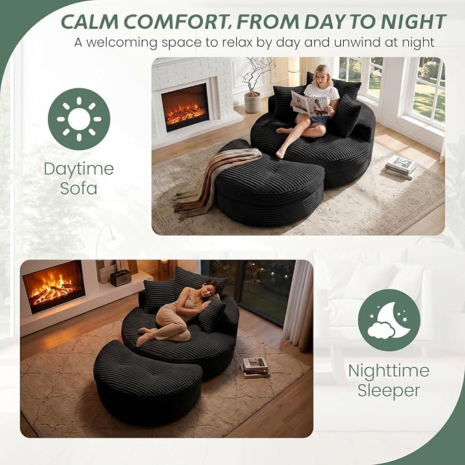 Oversized Round Chaise Lounge Chair, Deep Seat Cloud Boneless Floor Sofa Couch, Upholstered Corduroy Sleeper with 3 Pillows & Optional Ottoman, No Assembly Modern Lazy Floor Lounger for Living Room