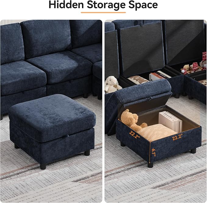 104'' U Shaped Modular Sofa, Sectional Couches with Storage for Living Room, Oversized 8 Seater Cloud Sectional Couch, Chenille Navy