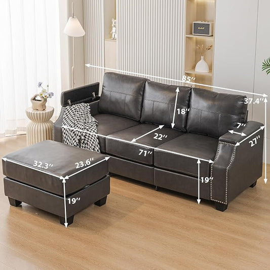 85'' Faux Leather Couch with Armrest Organizer,Sectional Sofa with Storage Movable Ottoman,Solid Wooden Frame,Thick Cushion,3 Seater L Shaped Couches for Living Room,Apartment,Home Furniture,Gray
