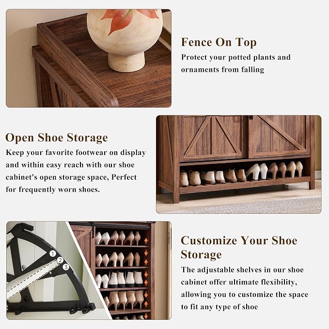 OKD Shoe Storage Cabinet with 2 Flip Drawers & Sliding Door, Farmhouse Entryway Shoe Organizer, Freestanding Rustic Hidden Shoe Rack Cabinet for Entryway, Rustic Walnut