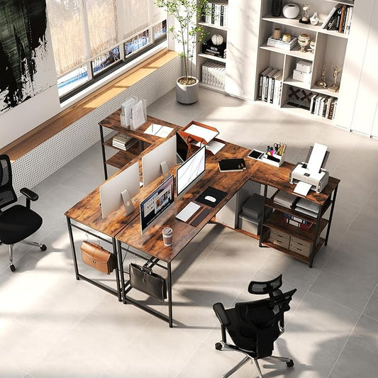 YOSHOOT 63" L Shaped Computer Desk, Gaming Desk | Office Desk with Open Shelves, Corner Desk L Shape for Home Office Work Study, Rustic Brown