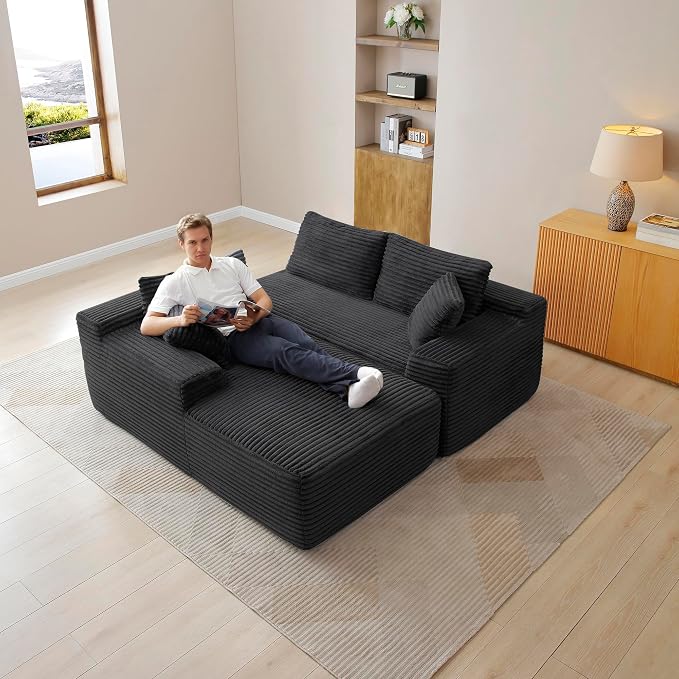 105-Inch L-Shaped Left Facing Corner Compressed Sofa Modular Sectional Boneless Cloud Sofa Floor Foam Couch with Chaise Lounge, Corduroy Corner Boneless Cloud Couch