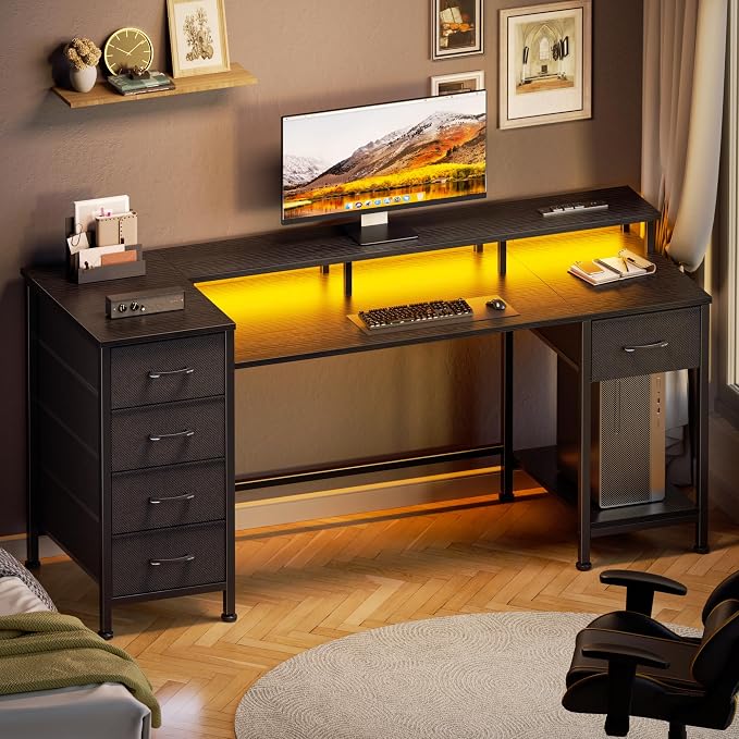 Korfile 55 Inch Computer Gaming Desk with Power Outlets LED Lights Reversible Home Office with Adjustable Fabric Storage Drawers for Working Writing Study, Black
