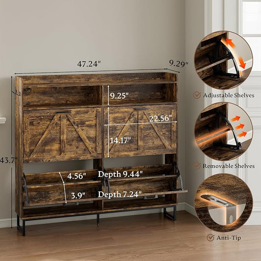 BORNOON Shoe Cabinet with 4 Flip Drawers Narrow Shoe Storage Cabinet Organizer Wooden Freestanding Shoe Rack Hidden Slim Shoes Storage Cabinet for Entryway, Hallway, Living Room, Bedroom
