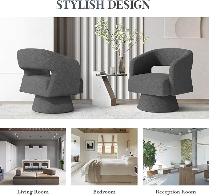 Luxanimarion Swivel Barrel Accent Chair,Oversized Teddy Upholstered Round Swivel Chair,Modern Luxury 360 Degree Living Room Vanity Chair for Bedroom Office,Gray,1PCS