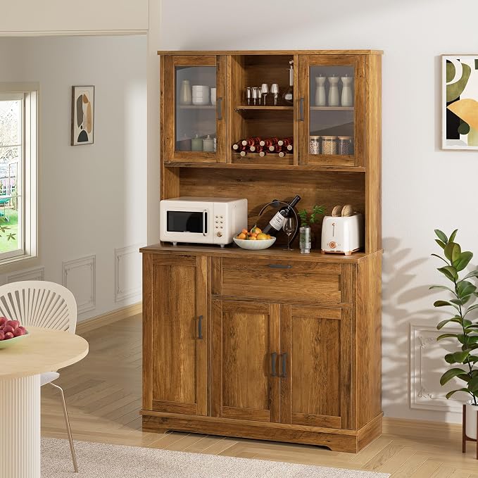 Shintenchi Kitchen Pantry Storage Cabinet, Freestanding Buffet Cabinet with Microwave Stand & 3 Door Shelves, Kitchen Hutch with Doors, Adjustable Shelves and Wine Rack, Brown