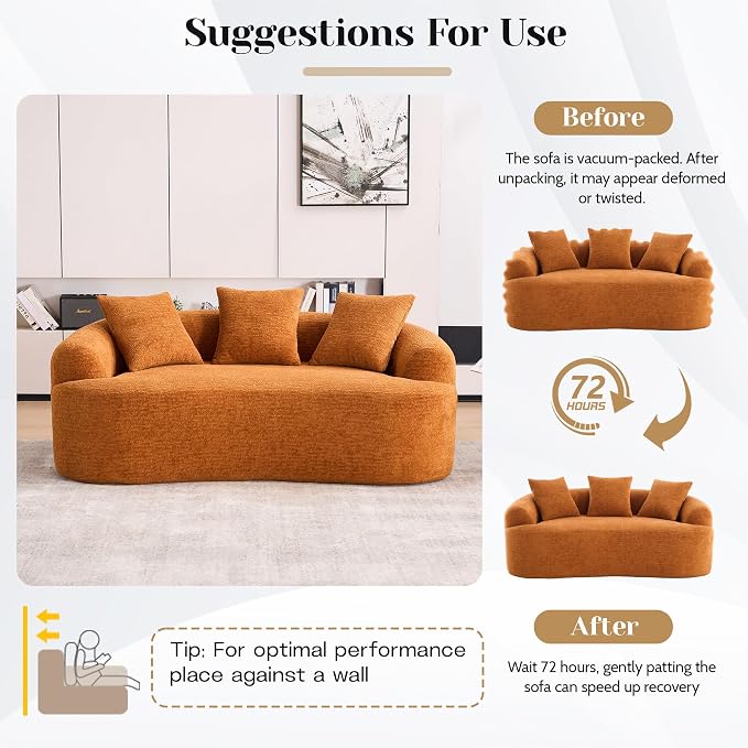 65" Curved Loveseat,Deep Seat Cloud Floor Couch with 3 Backrest,Cozy Chenille Fabric,Small Loveseat for Small Spaces,Bedroom,Office,Apartment (Orange, 65 Inch)