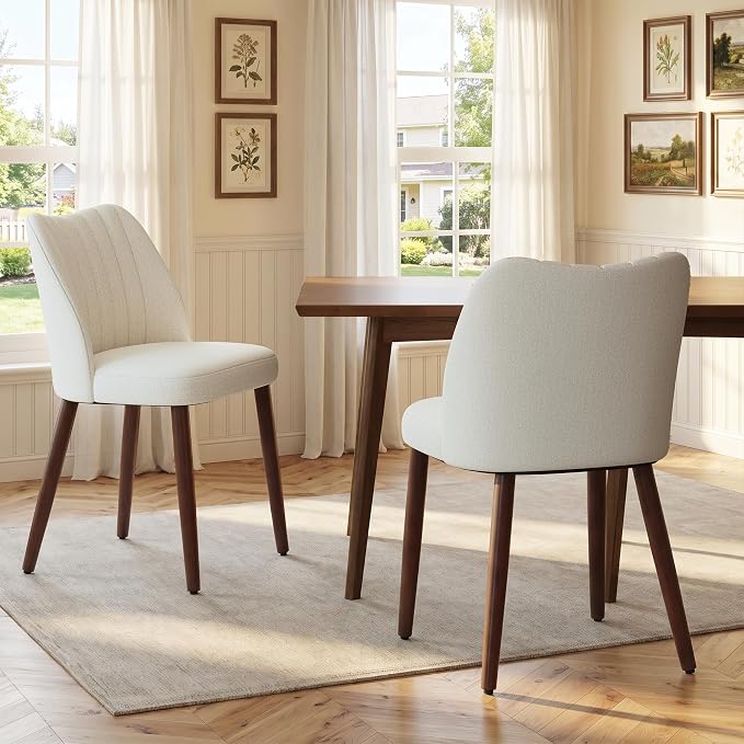 Upholstered Dining Chairs Set of 2, Modern Fabric Dining Chairs with Curved Backrest & Solid Rubber Wood Legs, Padded Kitchen Dining Room Chairs for Restaurant Cafe, Beige