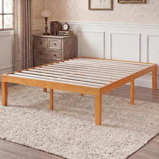 Sweetcrispy Full Size Bed Frame 16 inch Heavy Duty Platform Bedframe, 1000 lbs Capacity, Underbed Storage, No Box Spring Needed, Wooden Slats, Easy Assembly with Velcro, Honey Finish