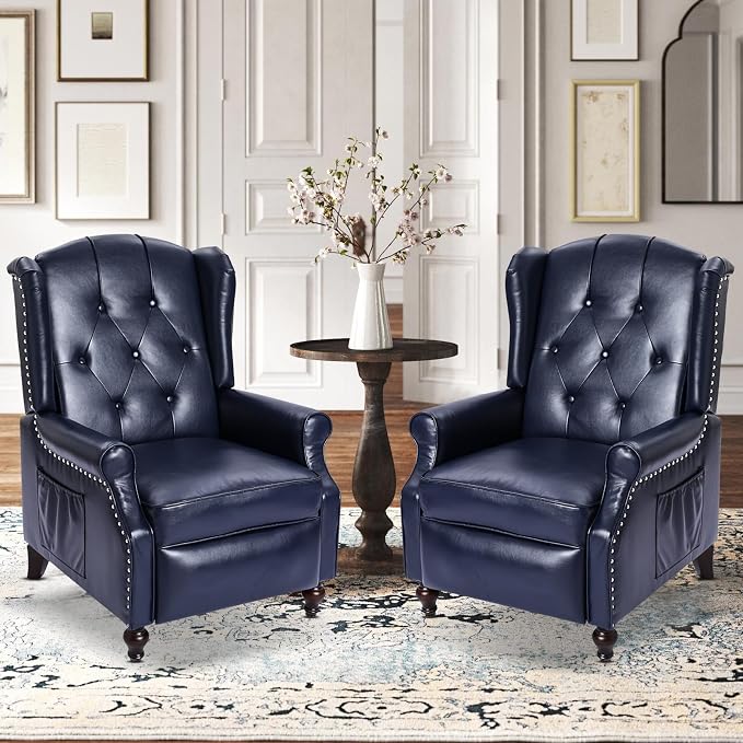 Wingback Recliner Chair with Massage and Heat PU Leather Push Back Arm Chair, Recliner Chair for Living Room Bedroom Home Theater (2, Navy Blue)
