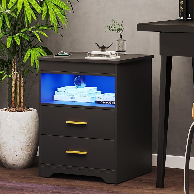 Nightstand Set of 2, Charging Bedside Table with USB & Type-C Port, LED Nightstand with Human Sensor Light, Modern End Table with Gun Drawers for Bedroom Office, Black