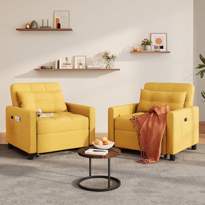 Ahomly Convertible Sleeper Chair Sofa Bed with 3-in-1 Design, Adjustable Backrest, and Storage Pocket for Living Room, Yellow