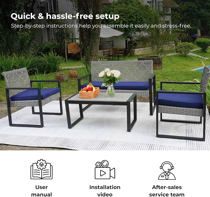 All-Weather 4 Piece Outdoor Rattan Patio Furniture Set (Light Gray) | Acacia Wood Table & Cushions