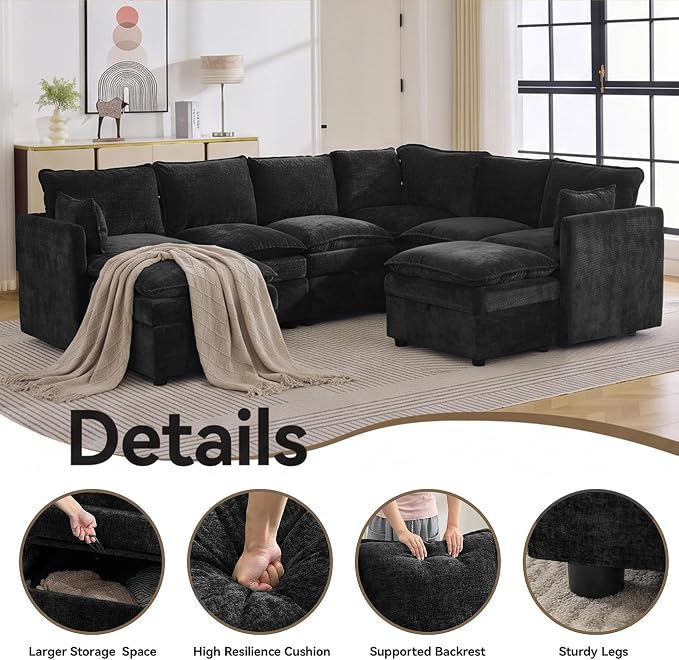 105" Black Modular Storage Sofa, U Shaped Chenille Couch with 2 Ottomans | Oversized Convertible Sectional Sofa, 6-Seat Sectional Couch With 2 Ottomans, Large Cloud Couch For Living Room, Apartment.
