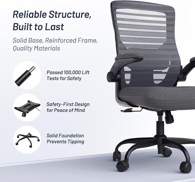 Office Desk Chair for Long Hours & Back Pain Relief – 4“ Thick Molded Foam Cushion, Enhanced Lumbar Support, Padded Flip-up Armrests, Ideal for Office or Study, Dark Gray