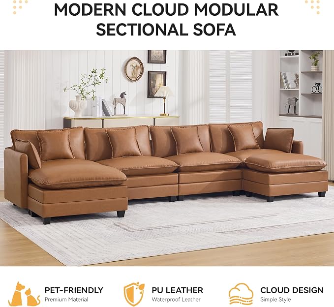 147'' Sectional Cloud Deep Seat Couch, Oversized Leather U Shaped Sectional Sofa for Living Room Set, Comfy Upholstered Modular Sectional Sofa Couch with Movable Ottoman, Leather Light Brown