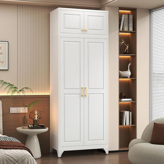 Polup Metal Armoire Closet, 86 Inch Tall Wardrobe Armoire with Hanging Rod, Almirah for Clothes with Doors, 18" D x 32" W x 86" H, White, Assemble Required, Shipped in Two Packages